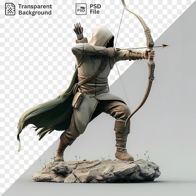 psd 3d archer aiming an arrow at a statue with a brown leg and white hood visible in the foreground