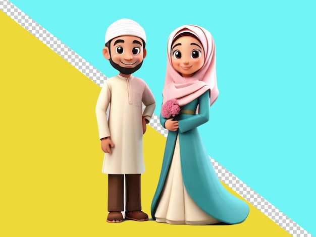 psd of a 3d cartoon character of a Muslim couple