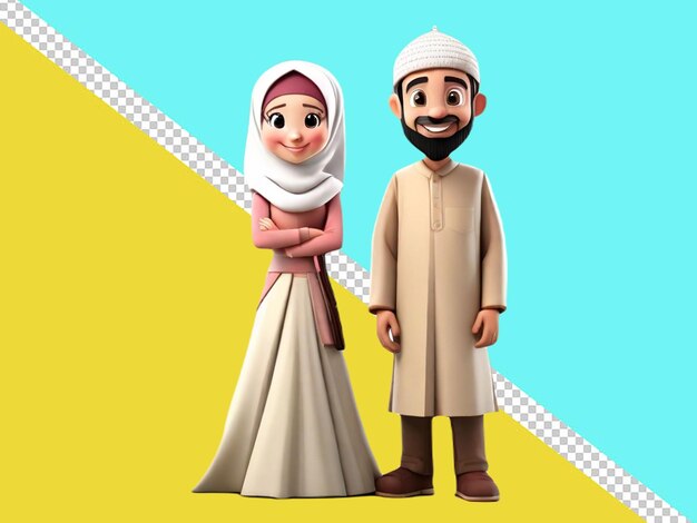 psd of a 3d cartoon character of a Muslim couple