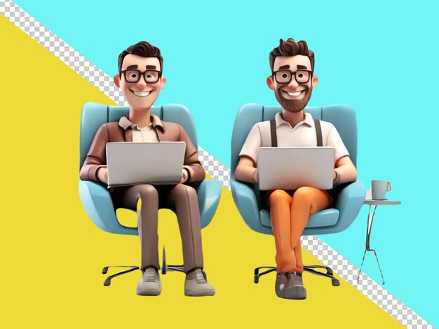 psd of 3d cartoon character of a two boys sitting and holding laptop