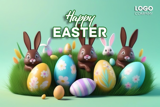 PSD 3d Easter banner with chocolate rabbits and beautiful painted eggs set on grass