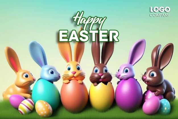 PSD 3d Easter banner with chocolate rabbits and beautiful painted eggs set on grass