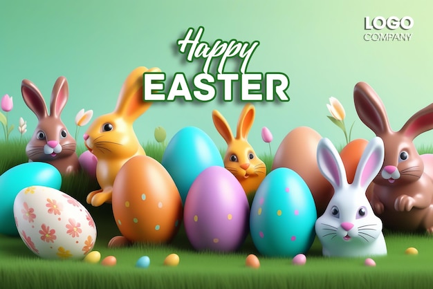 PSD 3d Easter banner with chocolate rabbits and beautiful painted eggs set on grass