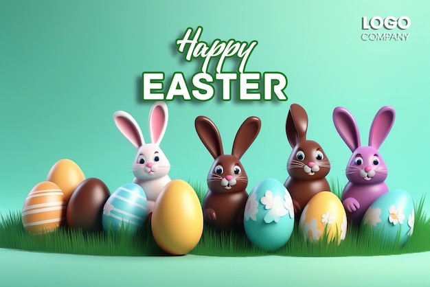 PSD 3d Easter banner with chocolate rabbits and beautiful painted eggs set on grass