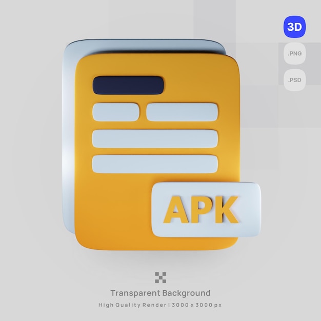 PSD 3D icon document computer apk file extension with transparent background render