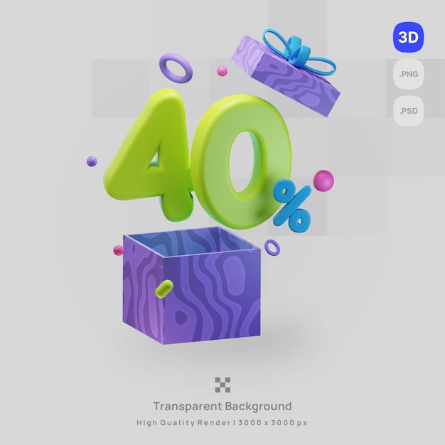 PSD 3D icon illustration of a purple gift box with the word 40 percent discounts transparent render