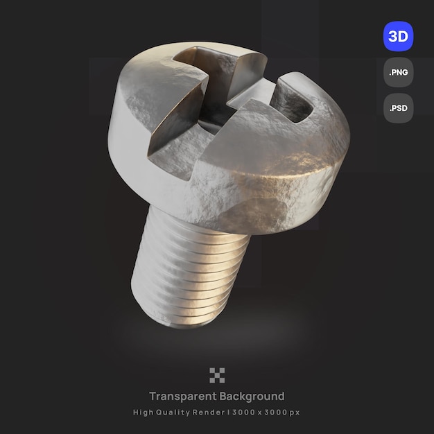 PSD 3D icon illustration render of mechanical engine industrial screw realistic metal texture