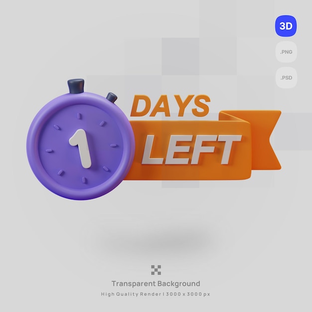 PSD 3D icon render a purple banner sales clock with the time 1 days left transparent background