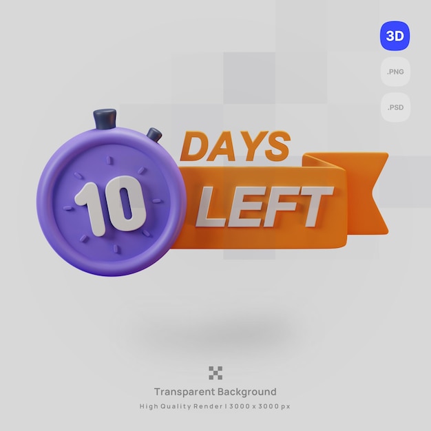 PSD psd 3d icon render a purple banner sales clock with the time 10 days left transparent background