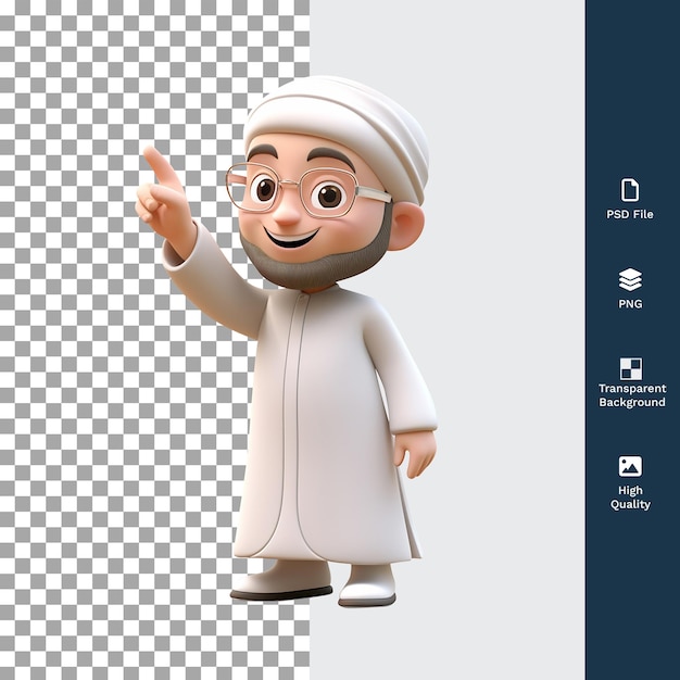 PSD 3d illustration happy muslim male character smiling and pointing