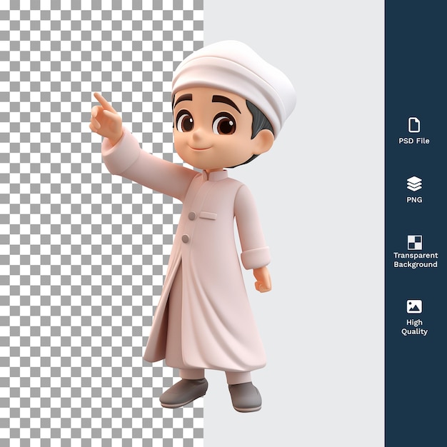 PSD 3d illustration happy muslim young boy character smiling and pointing