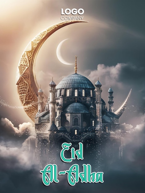 PSD 3d illustration of a mosque with a lamp on the moon on a dark background