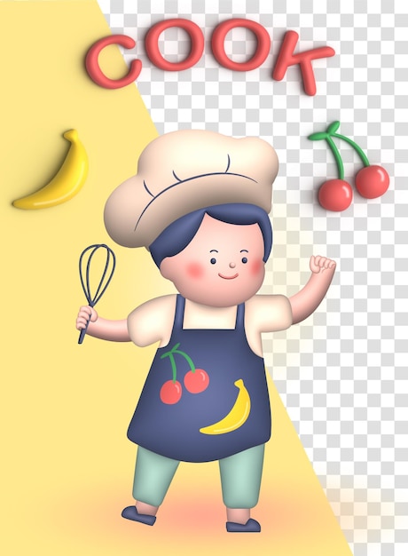 PSD 3d little cook with cherry and banana 3d render transparent