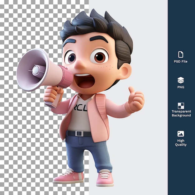 Psd 3d male character holding a megaphone with transparant background