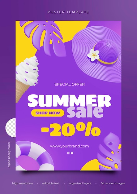 PSD 3D poster template summer sale purple and yellow advertising ice cream sunhat beach accesories