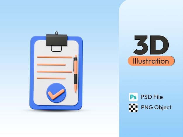 Psd 3d Render Clipboard check with pen illustration isolated on transparent background