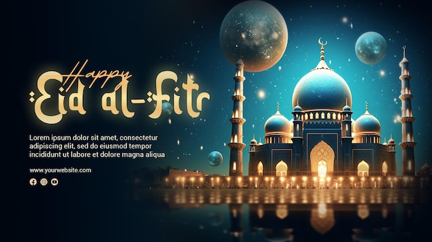 PSD 3D render happy eid alfitr poster with mosque background