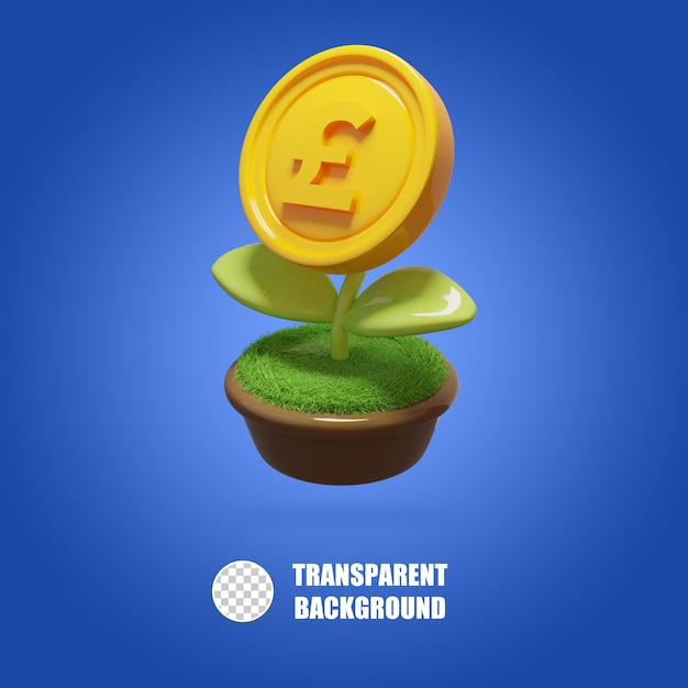 PSD 3d render illustration green finance a small coin plant with a pound sign on it