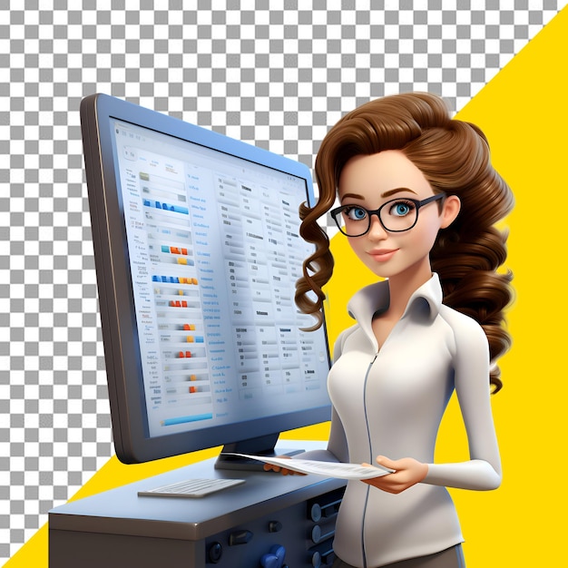 Psd 3D Render of Young Business Woman with computer and charts in office With Transparent Backgroun