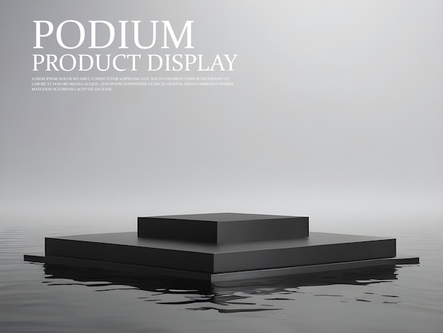 psd 3d rendering of black podium pedestal platform on water for product display