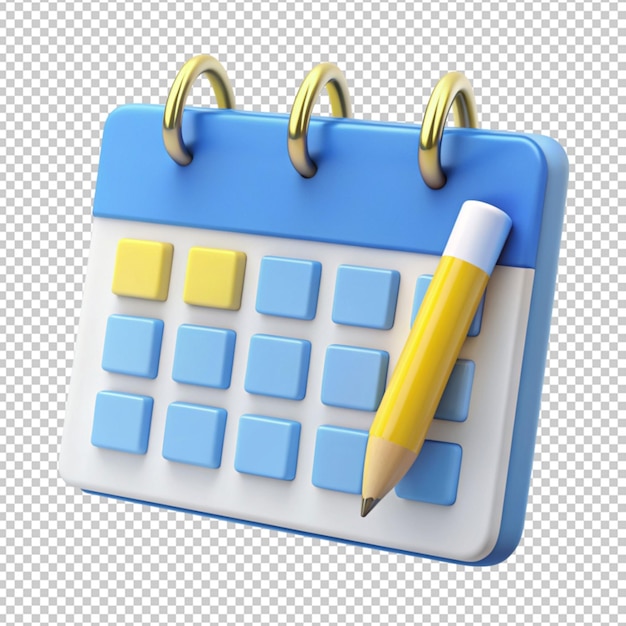 PSD 3d rendering of blue yellow calendar schedule date and time with pencil for ui ux design