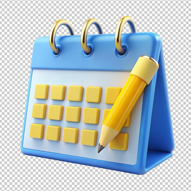 PSD 3d rendering of blue yellow calendar schedule date and time with pencil for ui ux design