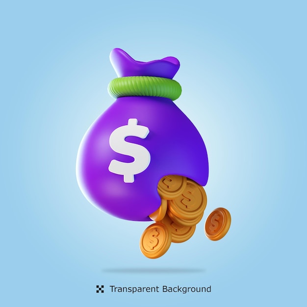 PSD 3d rendering Broken Money Bag 3d icon isolated illustration