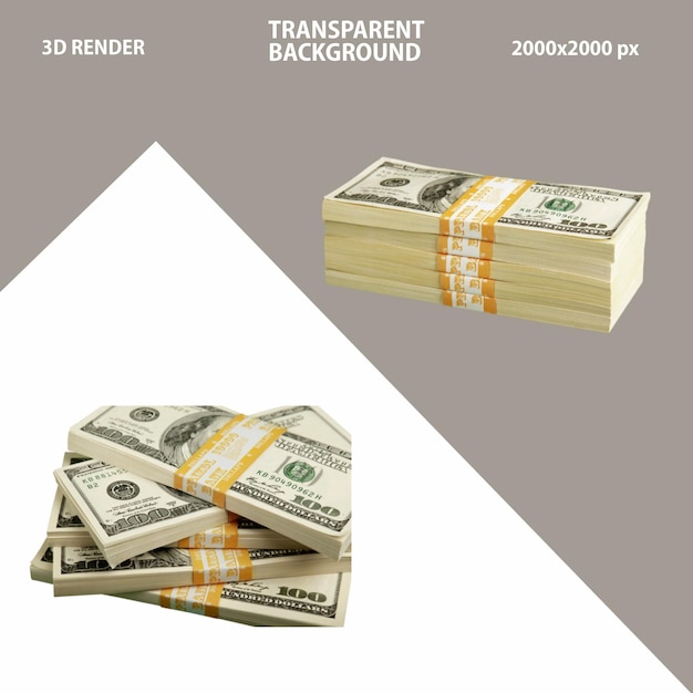 PSD 3d rendering of dollars notes and bundle of dollar with isolated transparent background