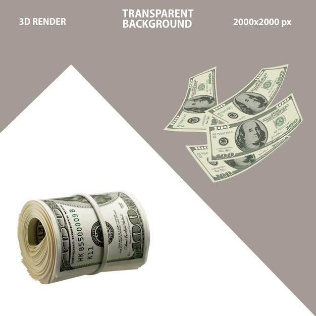 PSD 3d rendering of dollars notes and bundle of dollar with isolated transparent background