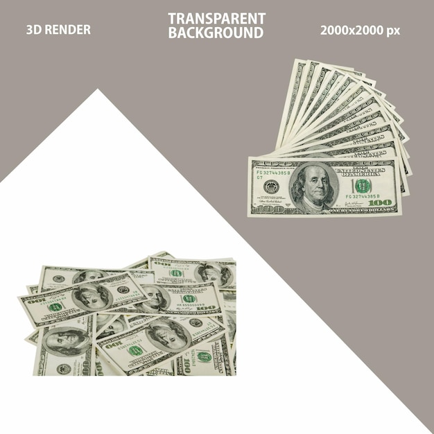 PSD 3d rendering of dollars notes and bundle of dollar with isolated transparent background