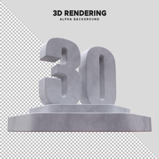 PSD psd 3d rendering of marble stone number 30 stand on hexagon podium