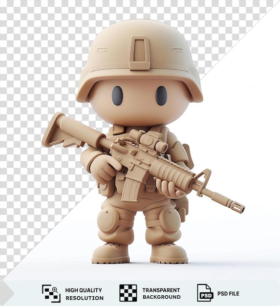 psd 3d soldier cartoon standing guard with a large gun wearing a tan helmet and holding a toy with a white poster in the background png psd