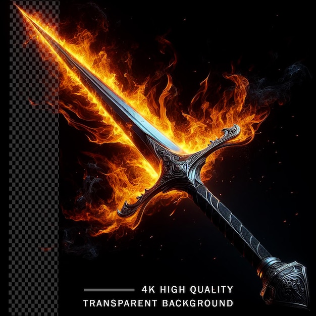 PSD 3D sword on fire on transparent background