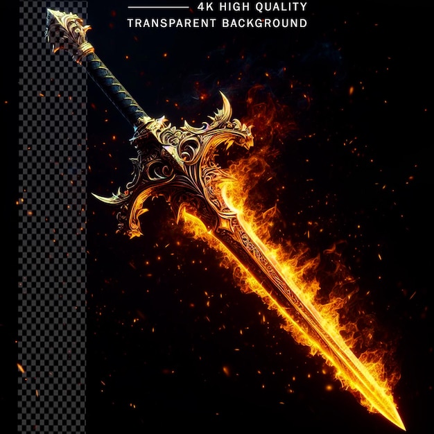 PSD 3D sword on fire on transparent background