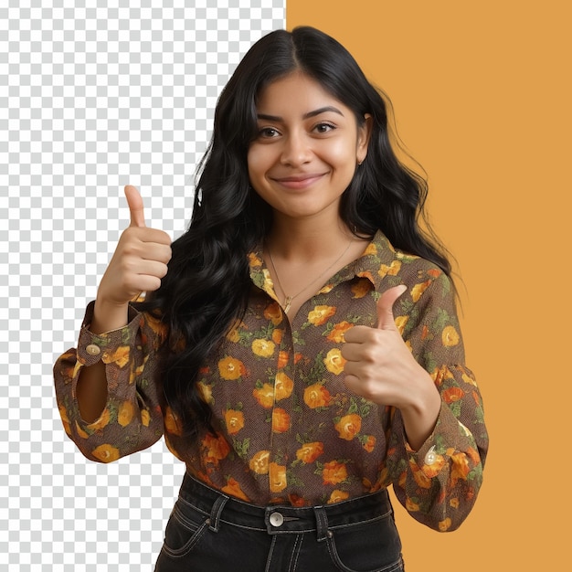 PSD Adorable Indian Girl smiling and shows a thumbs up sign on isolated transparent background