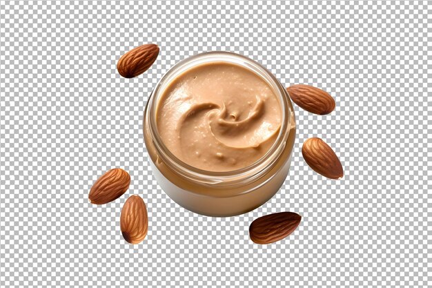 PSD Almond butter jar with almonds isolated on transparent background