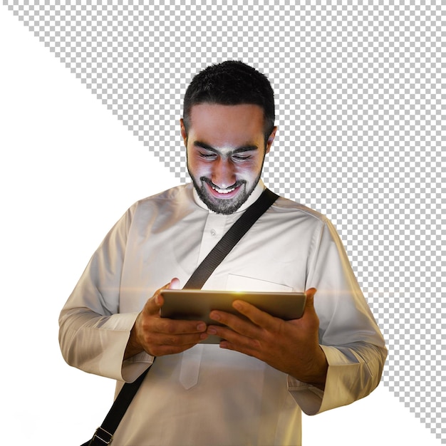 Psd Arabic man is looking at a tablet on a transparent realistic background