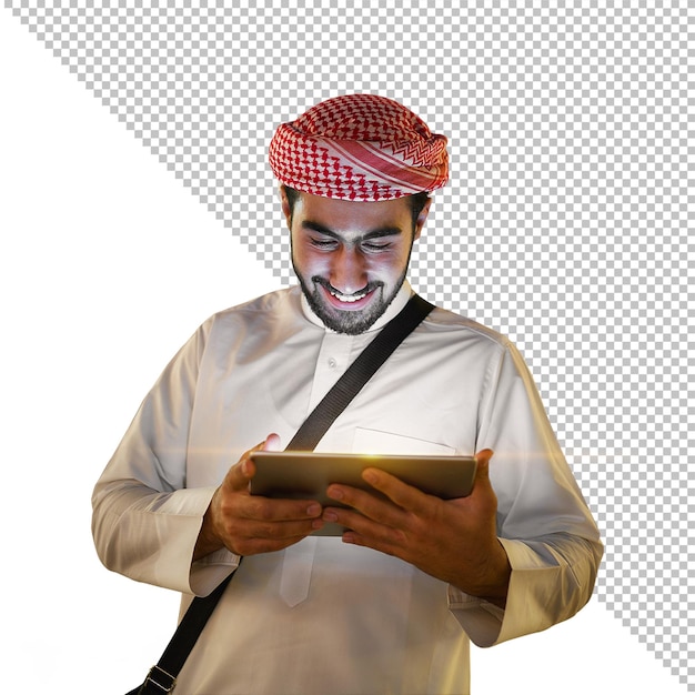 Psd Arabic man is looking at a tablet on a transparent realistic background