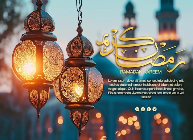 PSD Arabic typography Ramadan Kareem with Islamic Ramadan lantern background