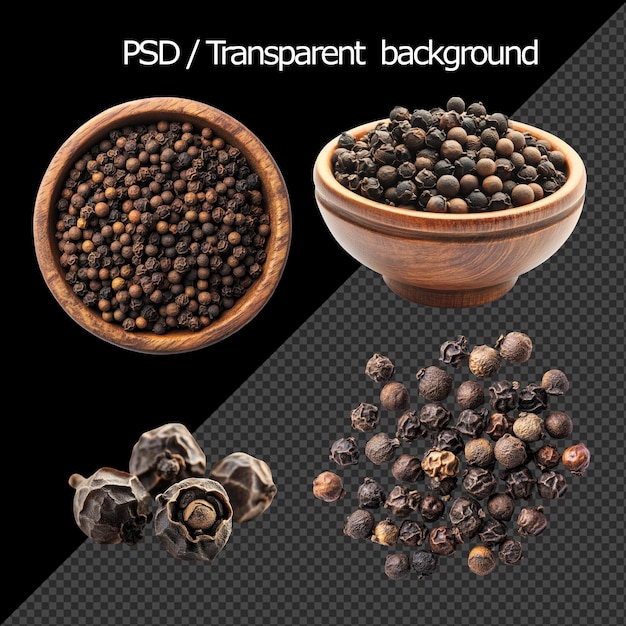 PSD psd_assorted black peppercorns in wooden bowls on transparent background