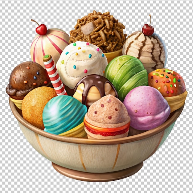 PSD of a assorted ice cream in a bowl isolated on transparent background