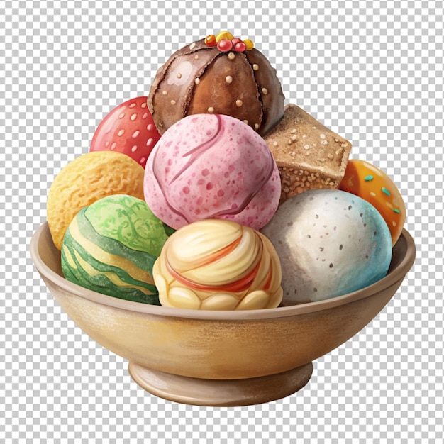 PSD of a assorted ice cream in a bowl isolated on transparent background