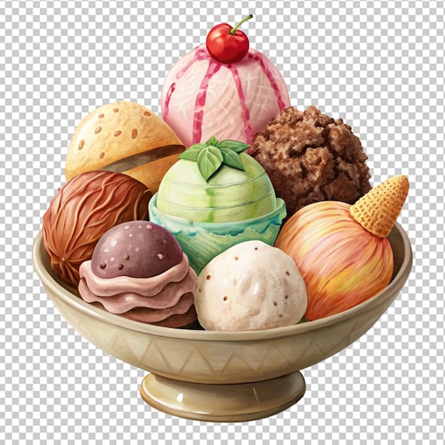 PSD of a assorted ice cream in a bowl isolated on transparent background