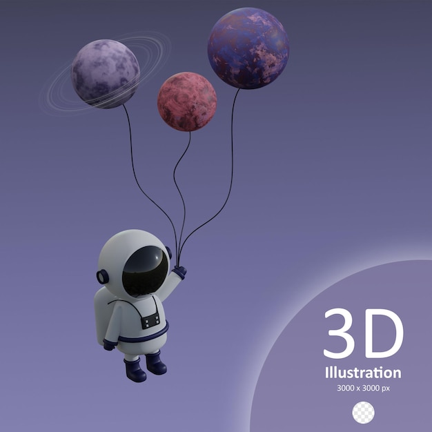 PSD astronaut with balloonsplanets icon isolated 3d render illustration