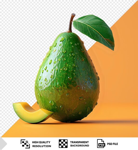 psd avocado fruit and green leaf on orange background with a dark shadow in the foreground