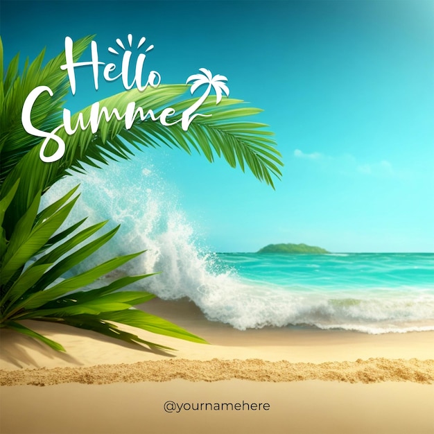 PSD a beach scene with a palm tree and the word hello summer on it