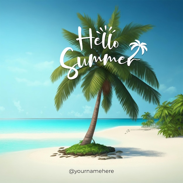 PSD a beach scene with a palm tree and the word hello summer on it