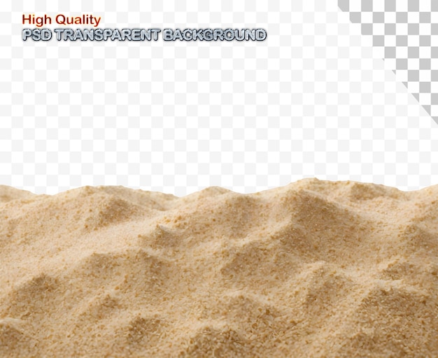 PSD beach scene with sand and a surfboard png on isolated transparent background