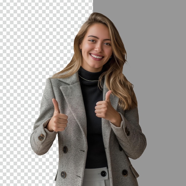 PSD Beautiful Businesswoman doing happy thumbs up gesture on isolated transparent background