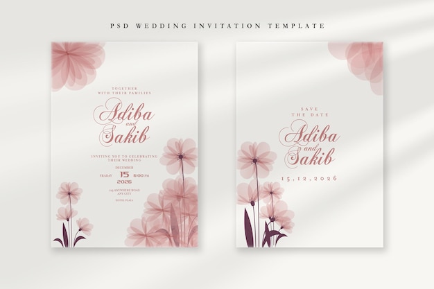 PSD psd beautiful floral wedding invitation card template